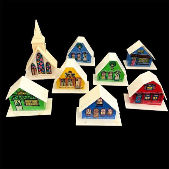 VTG MCM Christmas Putz Alpine Village Plastic Chapel Set Light Covers Set Of 8 - Picture 1 of 2